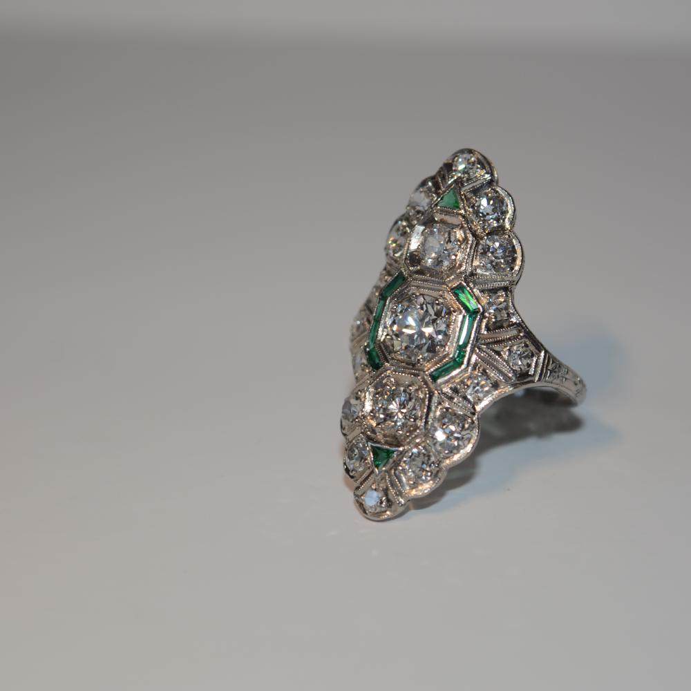 Art Deco Platinum Diamond Emerald Ring